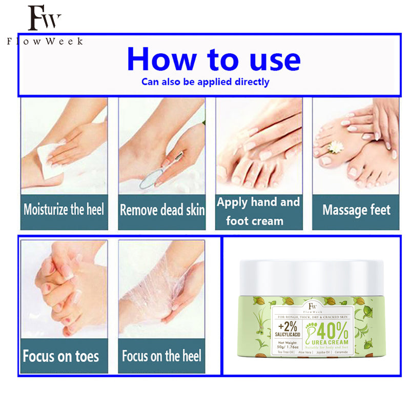 FlowWeek Urea Cream 40% plus salicylic acid 2%, foot cream, suitable for repairing dry and cracked heels, feet, knees, hands and