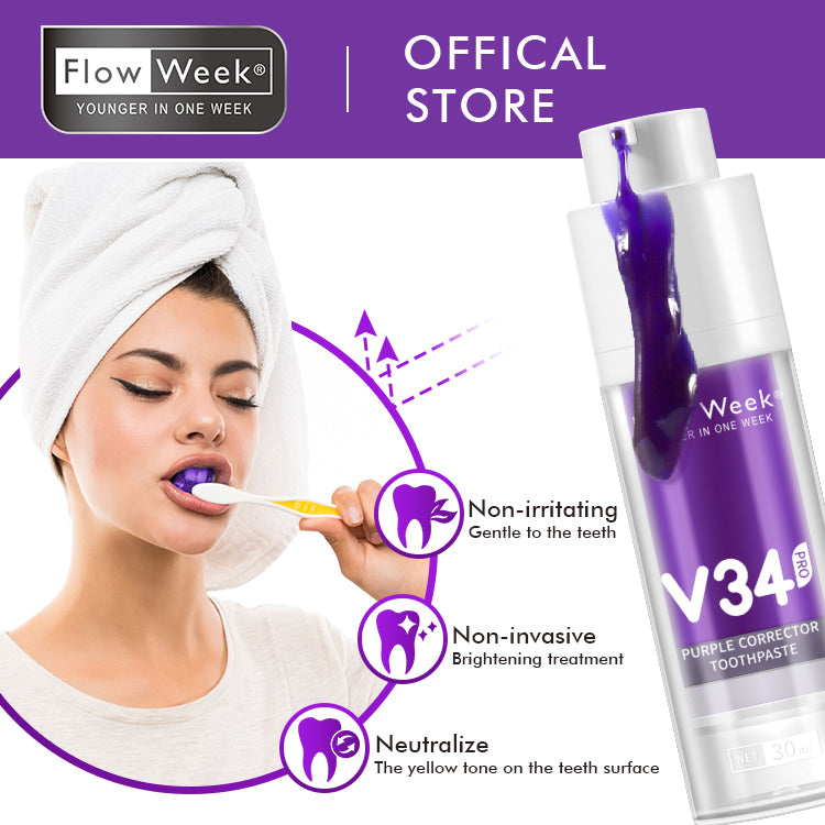 FlowWeek Smilekit V34 Purple Toothpaste Colour Corrector Teeth For Teeth Whitening Brightening Reduce Yellowing Cleaning Tooth